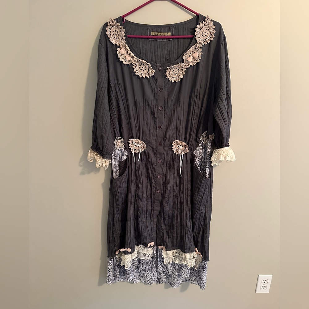 Upcycled grandma coastal lounge dress with dainty lace trim